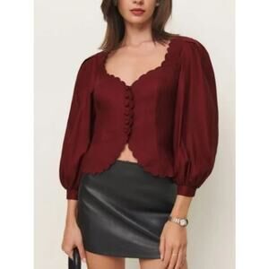 NEW Reformation Elianna Button-Up Blouse Top Cotton Burgundy Red Size 10